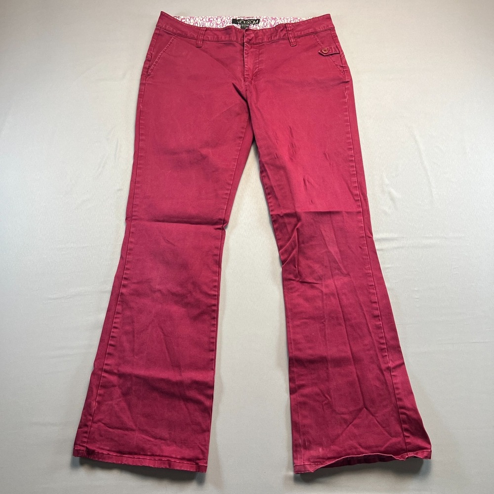 Volcom Chino Pants Womens 9 Burgundy Low Rise Zip Fly Flared Leg Everyday Wear